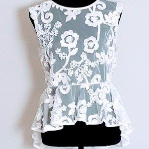 Off-White Sleeveless Sheer Top w/Floral Applique